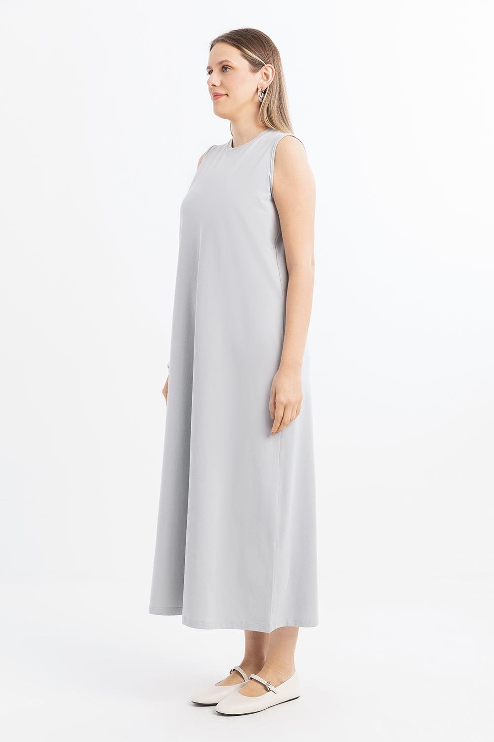 Gri-Pamuklu Bisiklet Yaka Kolsuz İçlik Elbise