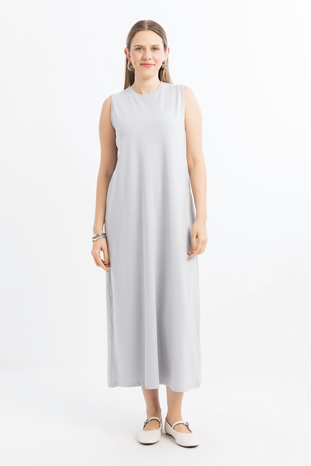 Gri-Pamuklu Bisiklet Yaka Kolsuz İçlik Elbise