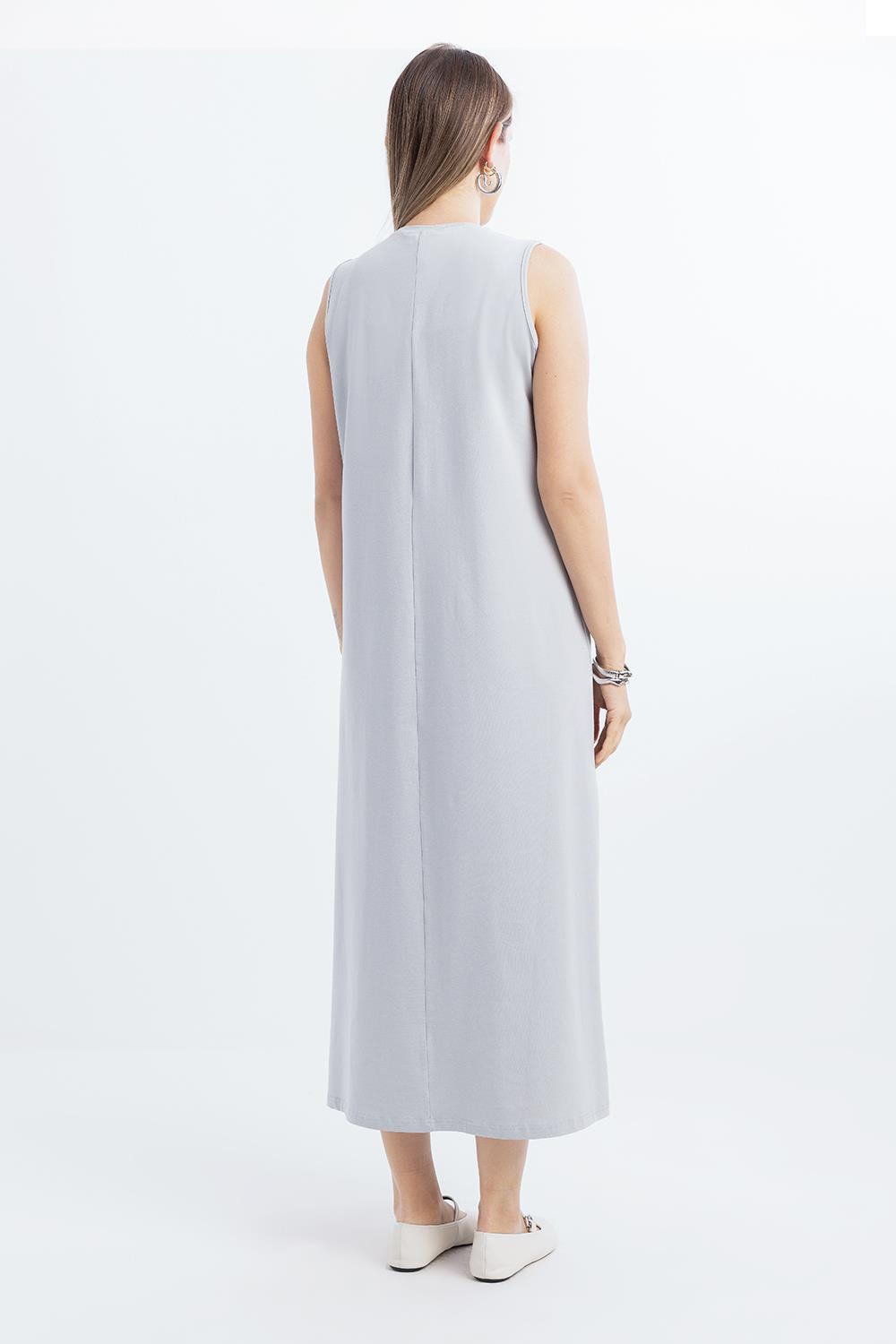 Gri-Pamuklu Bisiklet Yaka Kolsuz İçlik Elbise