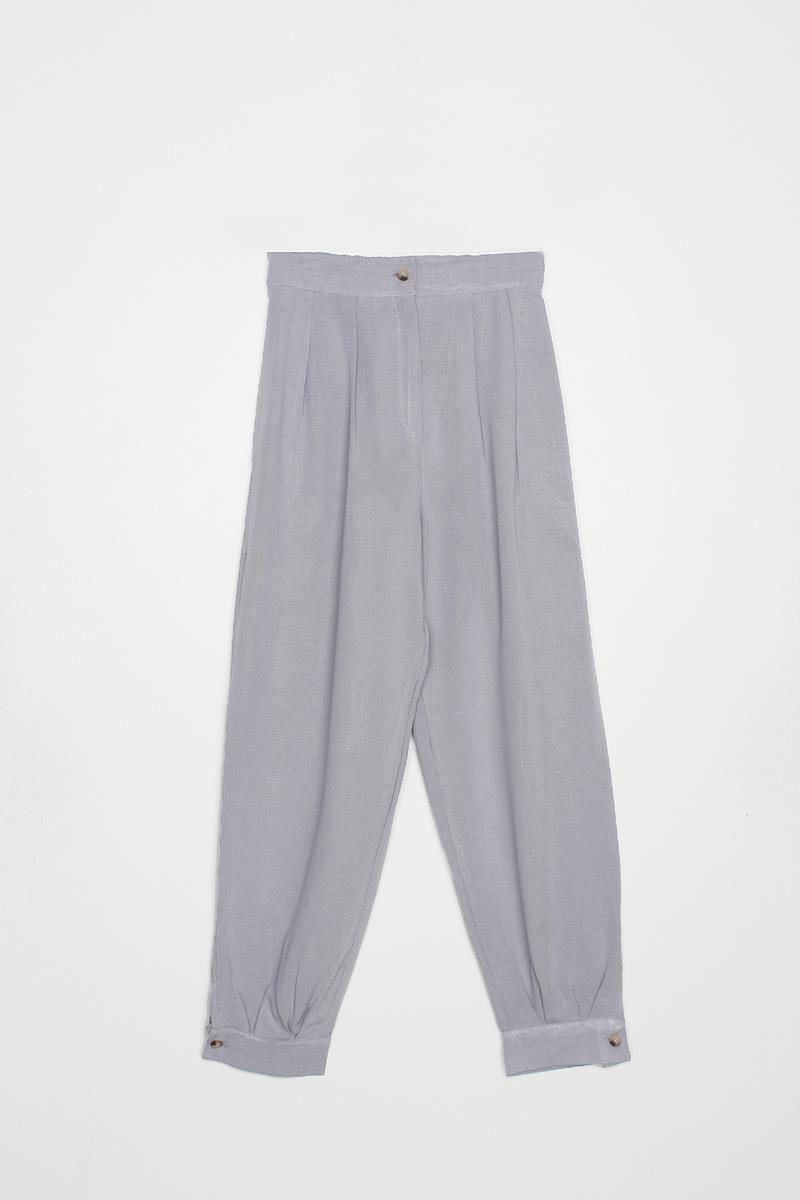 Gri-Pileli Paça Apoletli Keten Pantolon