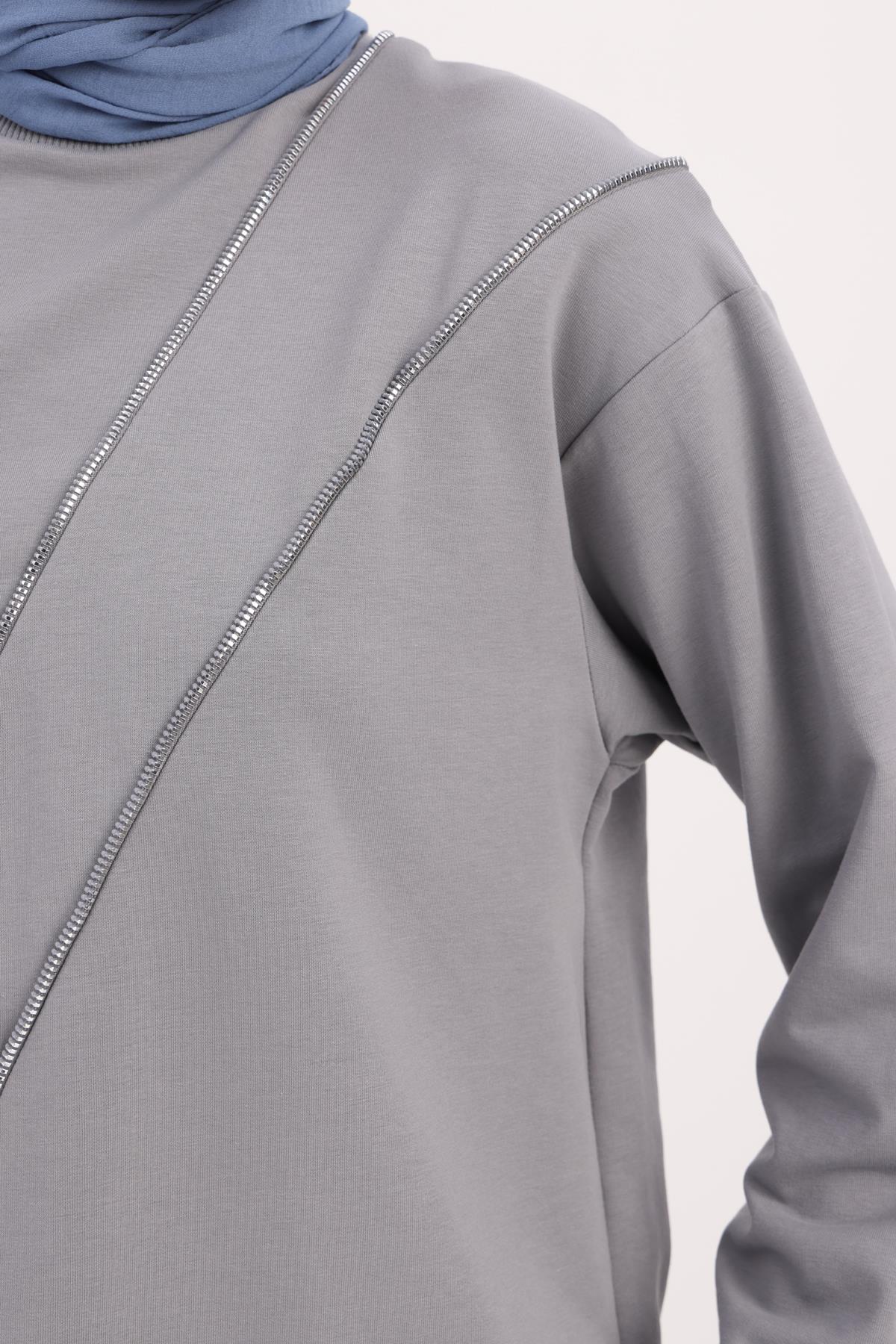 Gri-SÜS FERMUARLI SWEAT TUNİK