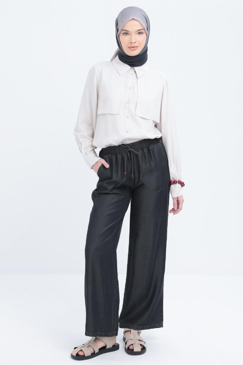 Gri01-Beli Lastikli Denim Pantolon