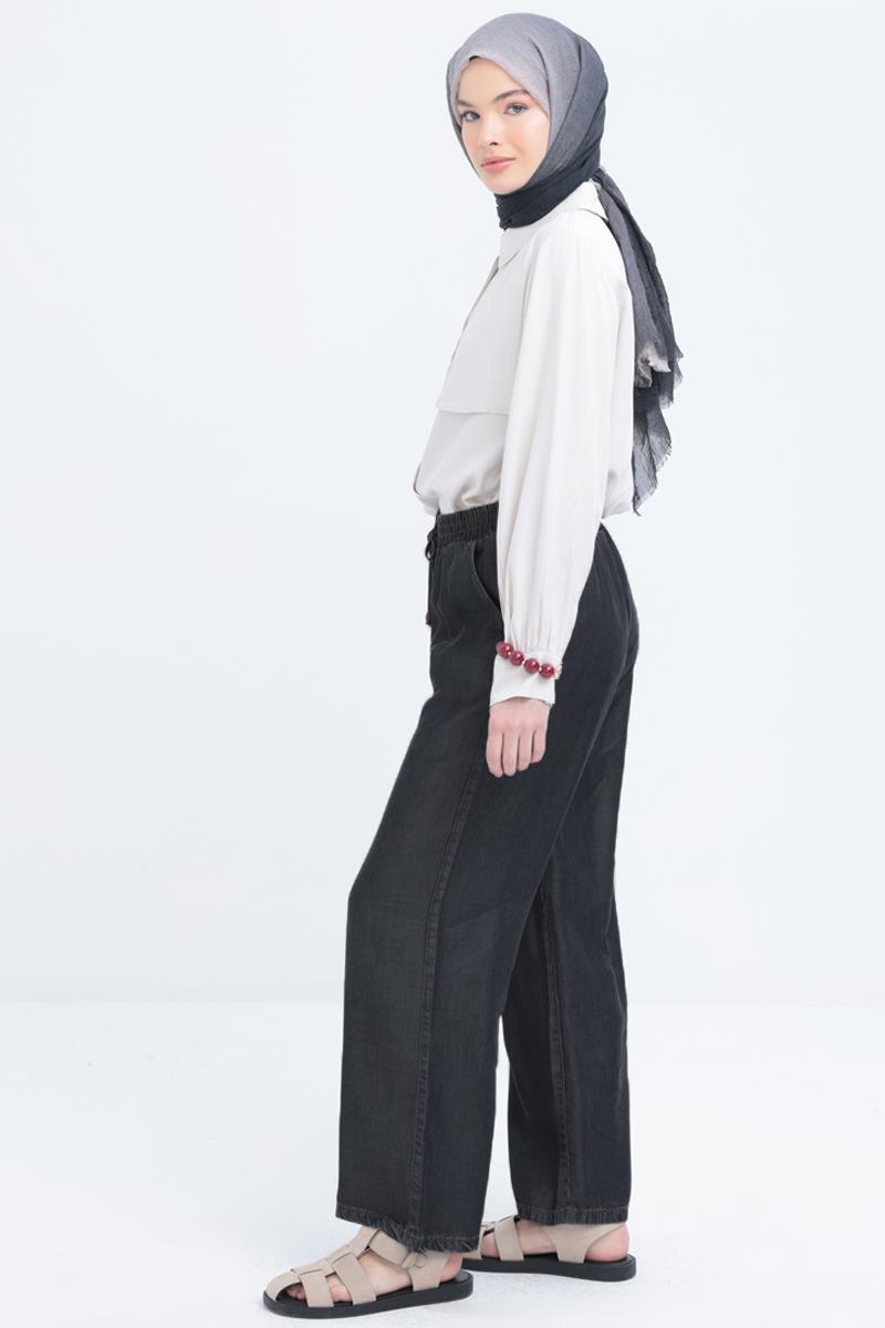 Gri01-Beli Lastikli Denim Pantolon