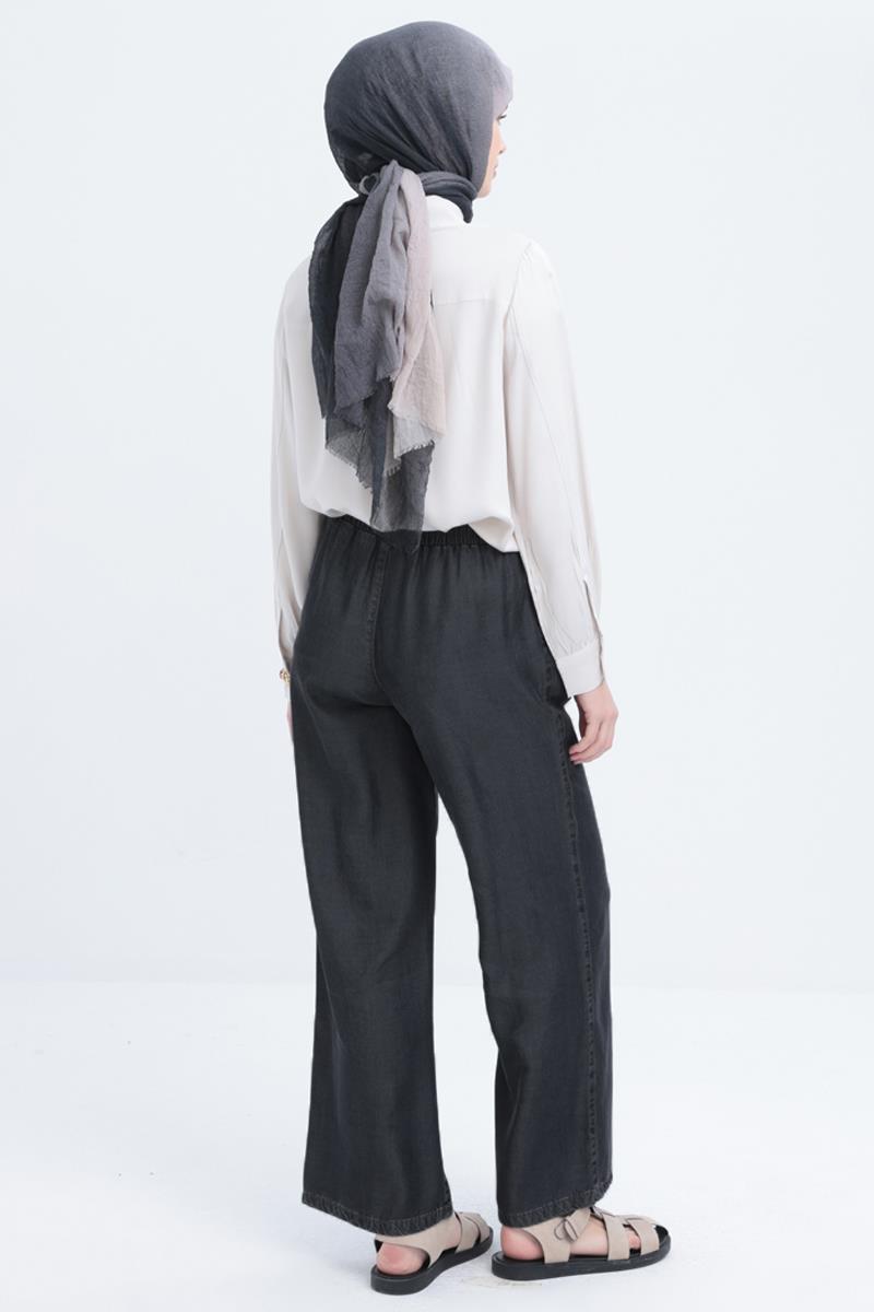 Gri01-Beli Lastikli Denim Pantolon
