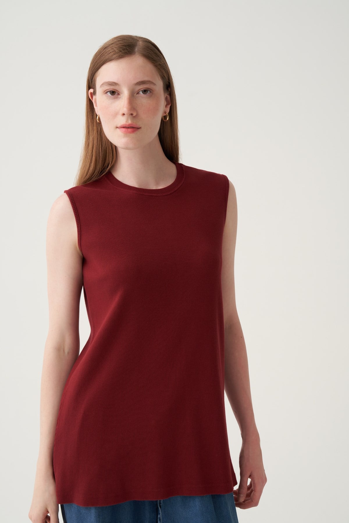 Gül Kurusu-Pamuklu Fitilli Kolsuz Likralı T-Shirt