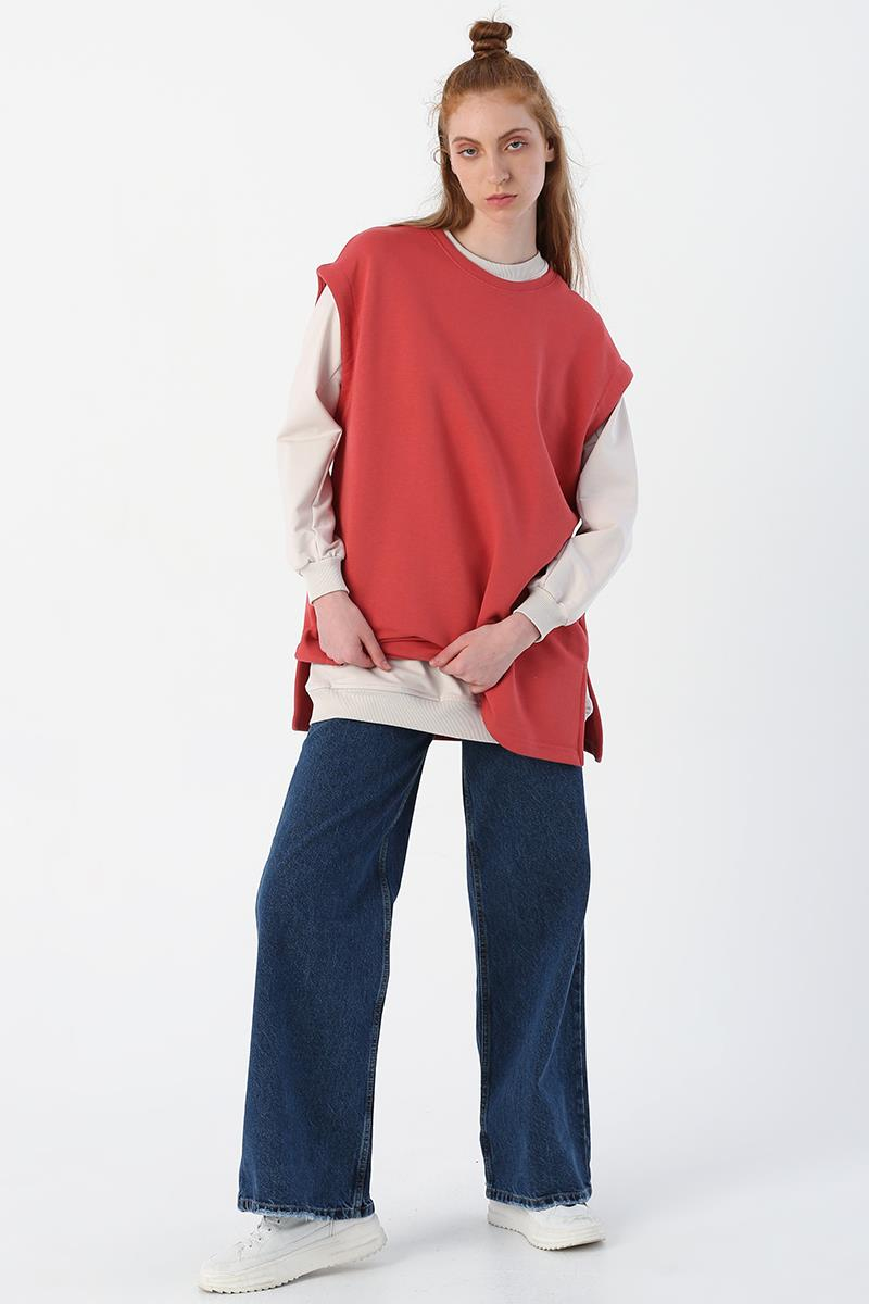 Gül-Oversize Yırtmaç Detaylı Basic Süveter