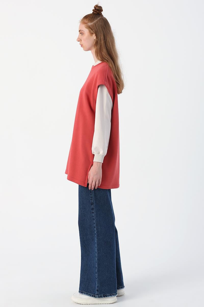 Gül-Oversize Yırtmaç Detaylı Basic Süveter