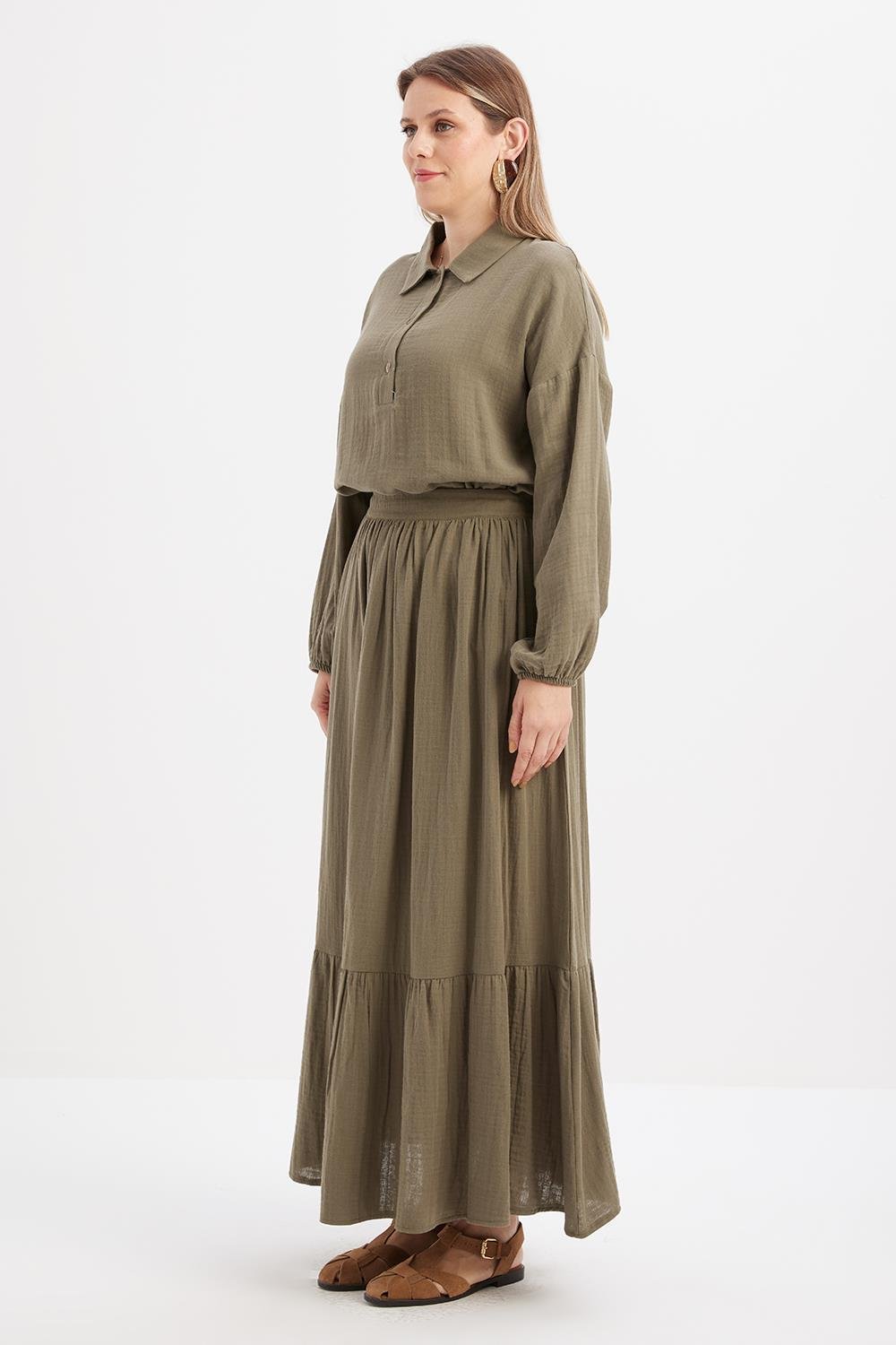 Khaki-100% Cotton Flared Skirt