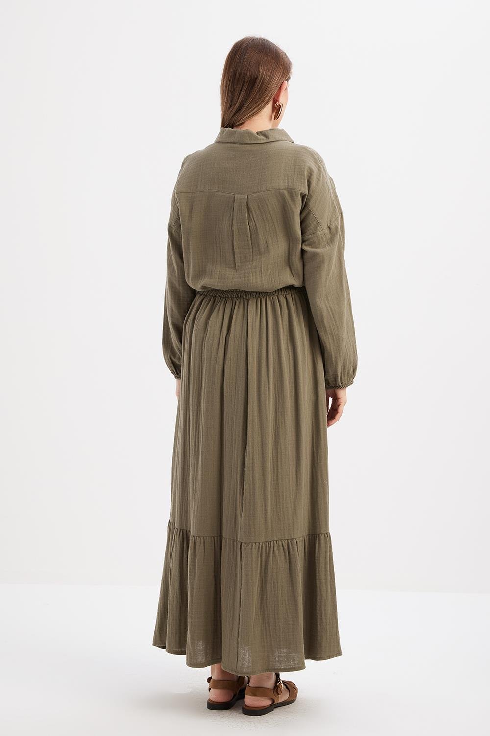 Khaki-100% Cotton Flared Skirt