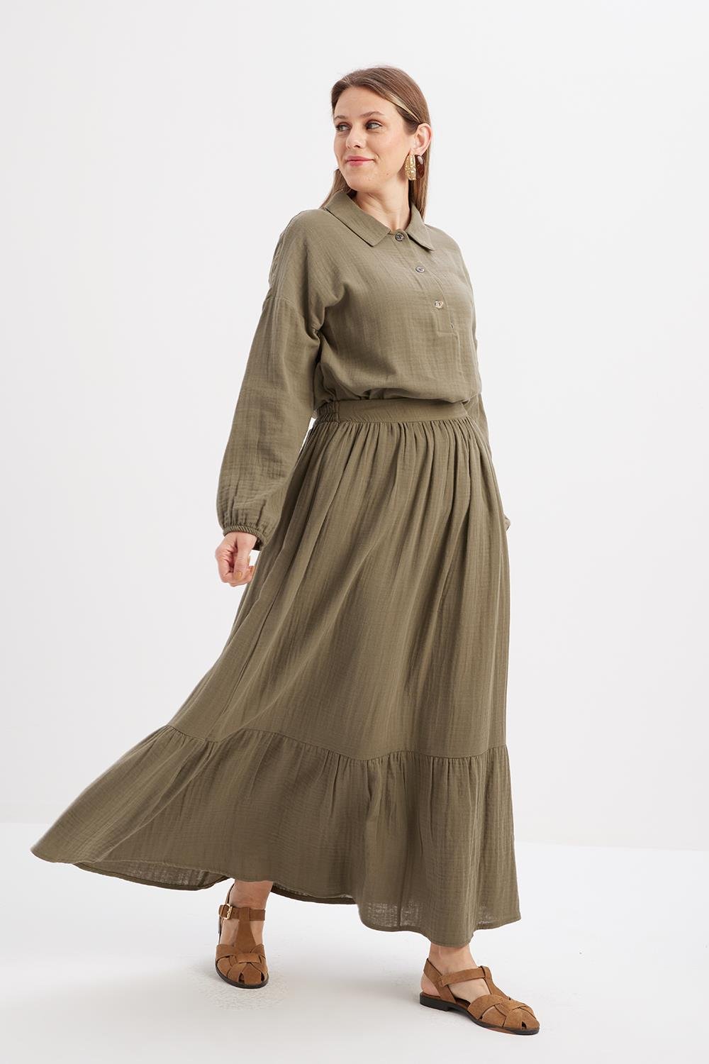 Khaki-100% Cotton Flared Skirt