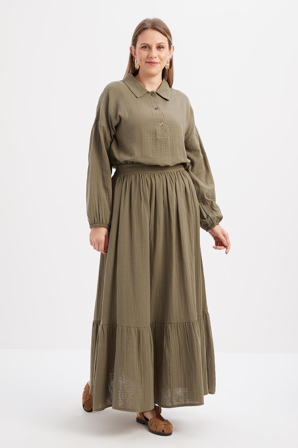 Khaki-100% Cotton Flared Skirt