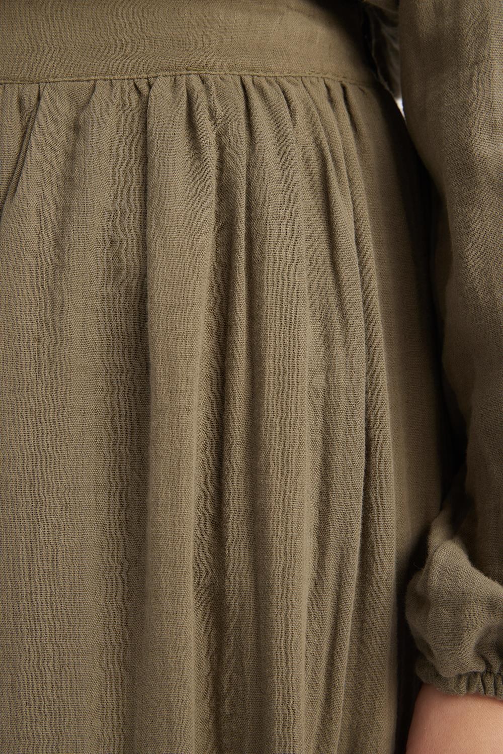 Khaki-100% Cotton Flared Skirt