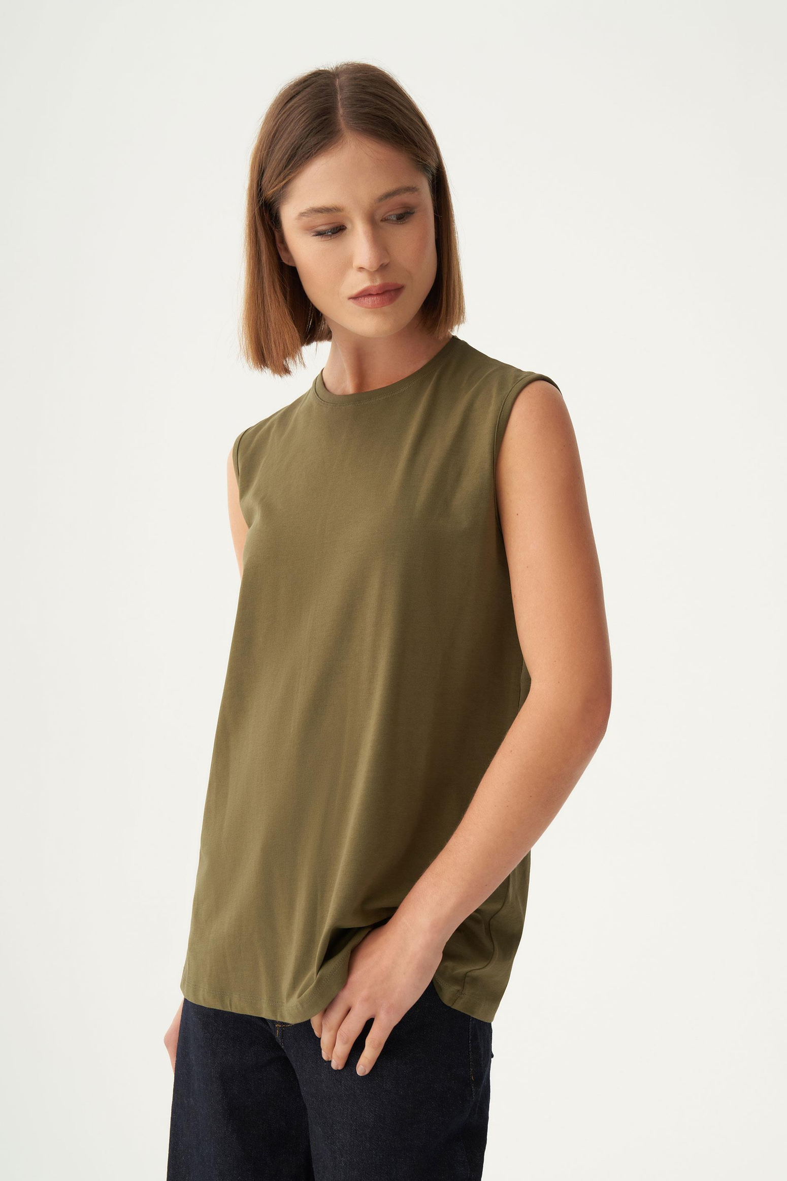 Haki-Bisiklet Yaka Kolsuz Pamuklu T-Shirt