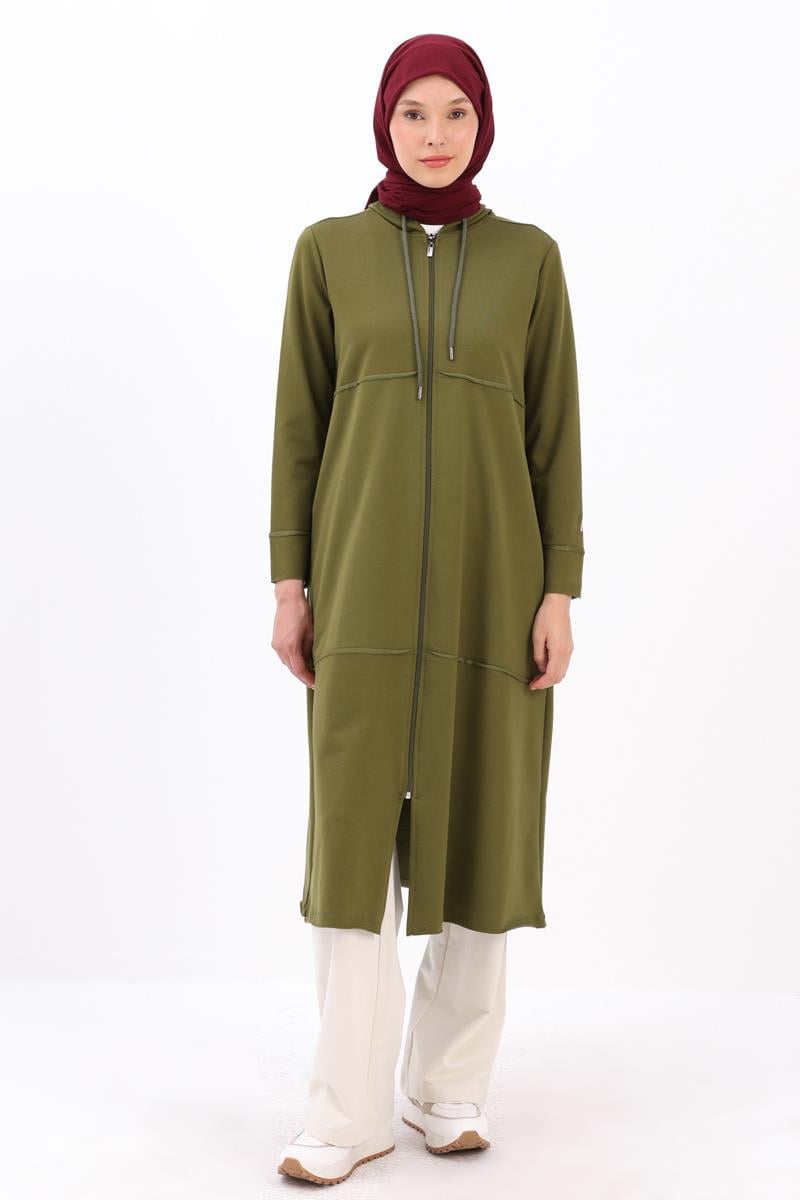 Khaki-Hooded Zipper Cardigan
