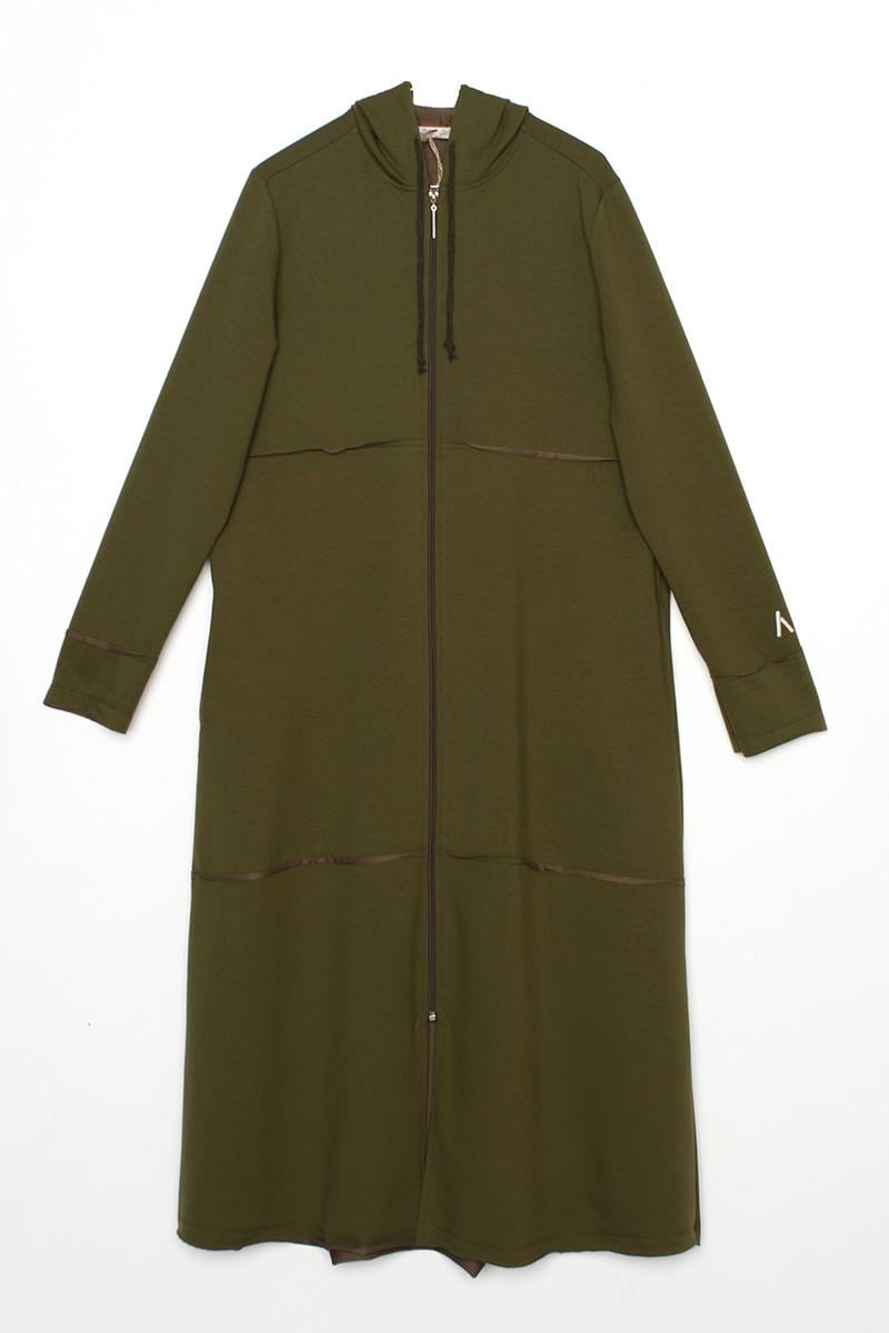 Khaki-Hooded Zipper Cardigan