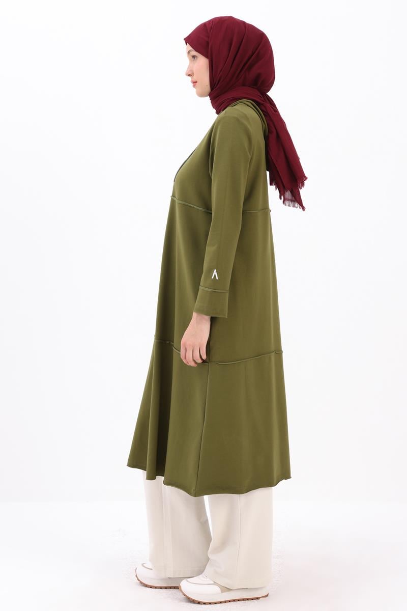 Khaki-Hooded Zipper Cardigan