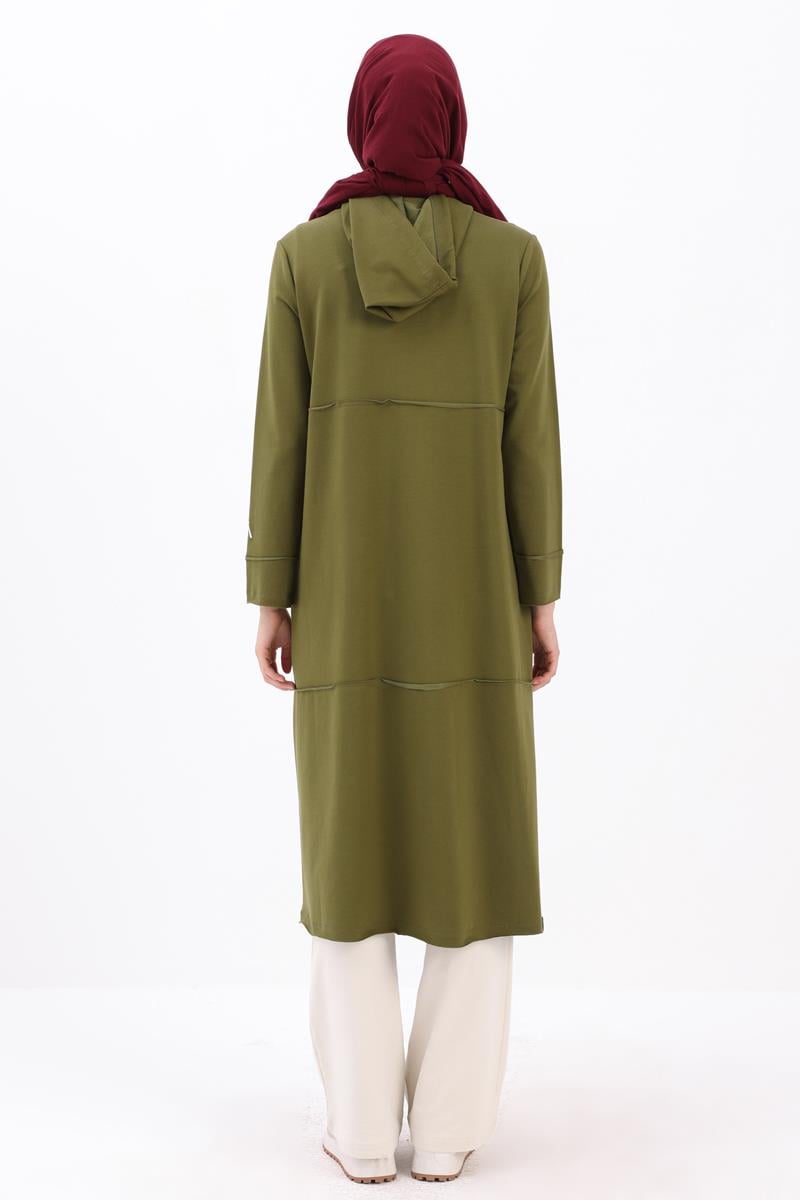 Khaki-Hooded Zipper Cardigan