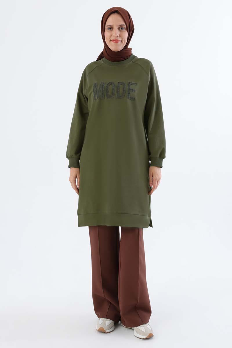 Haki-Mode Nakışlı Reglan Kol Tunik
