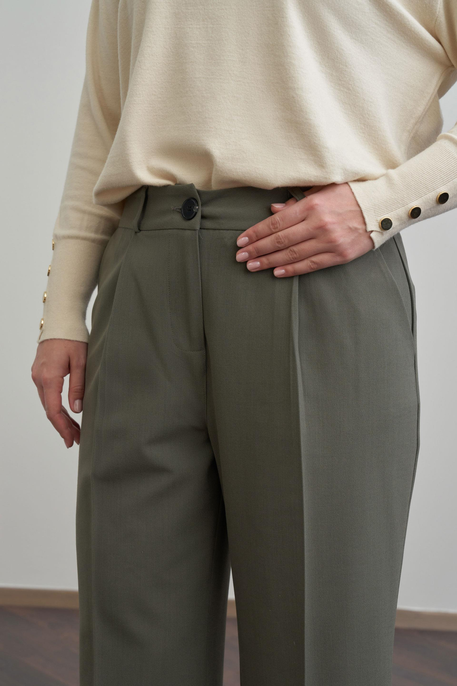 Haki-Önü Pileli Polyviscon Pantolon