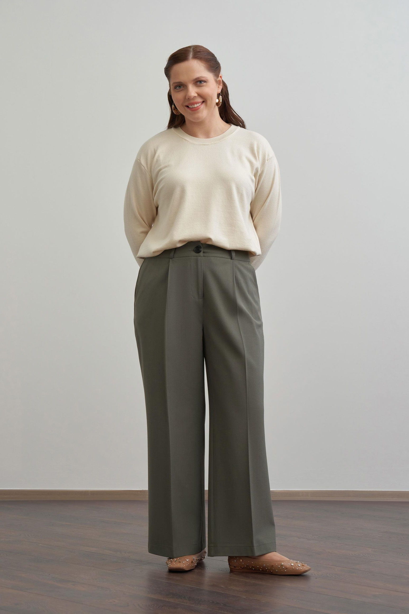 Haki-Önü Pileli Polyviscon Pantolon