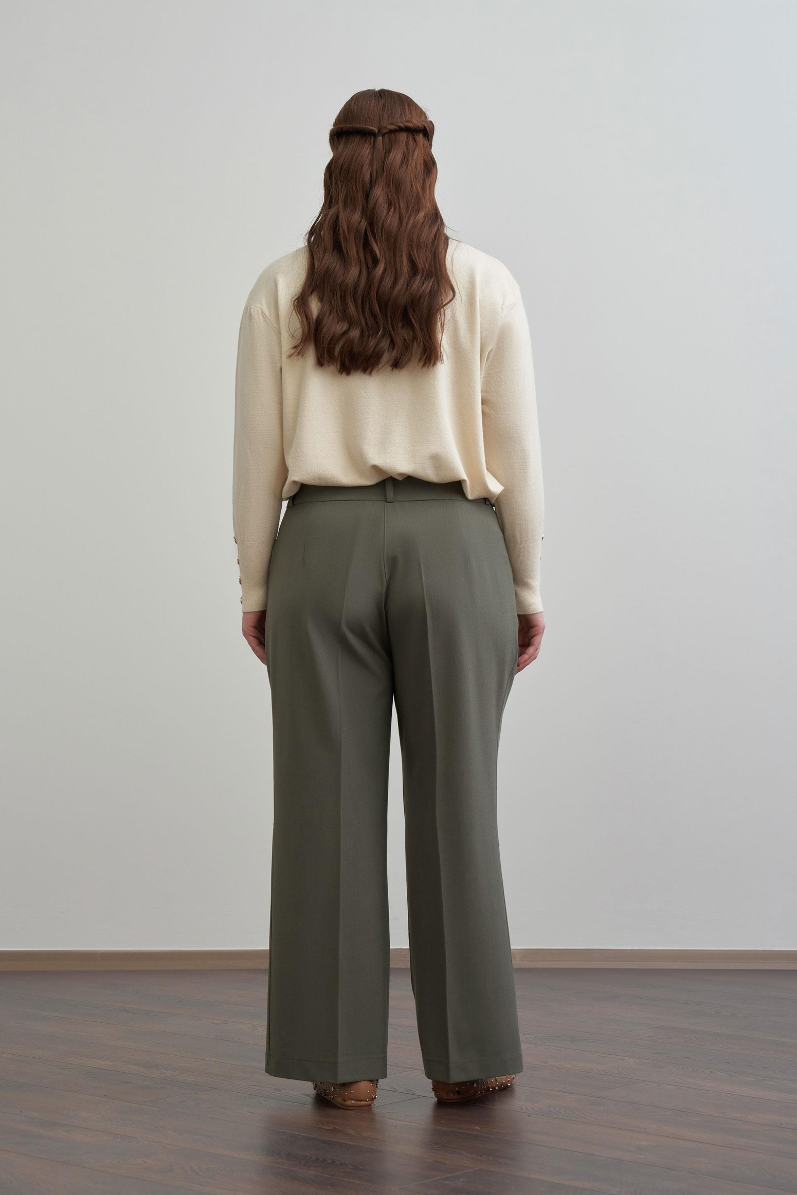 Haki-Önü Pileli Polyviscon Pantolon