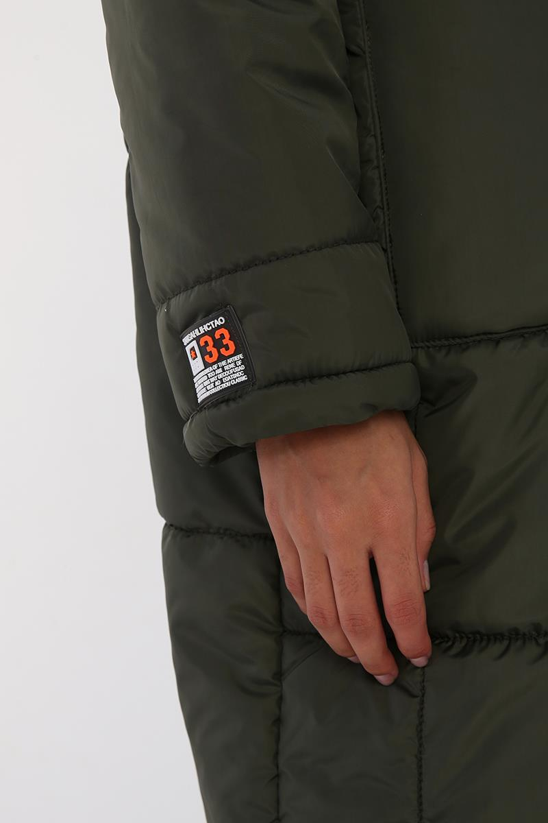 Haki-Oversize Fermuarlı Kapüşonlu Kapitone Mont