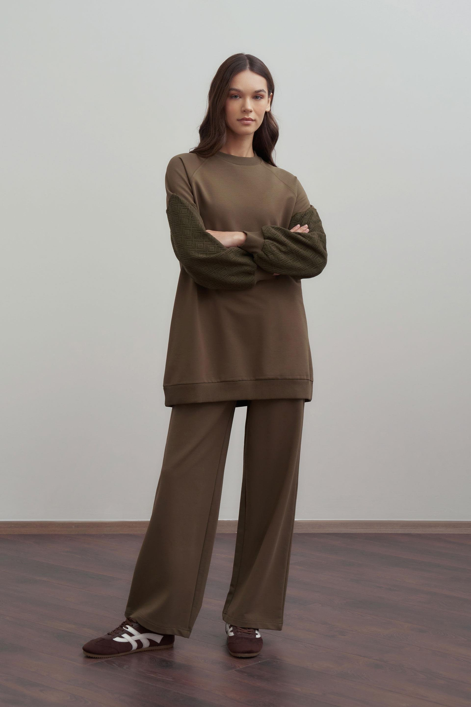 Haki-Pamuklu Dantel Garnili Eşofman Takımı