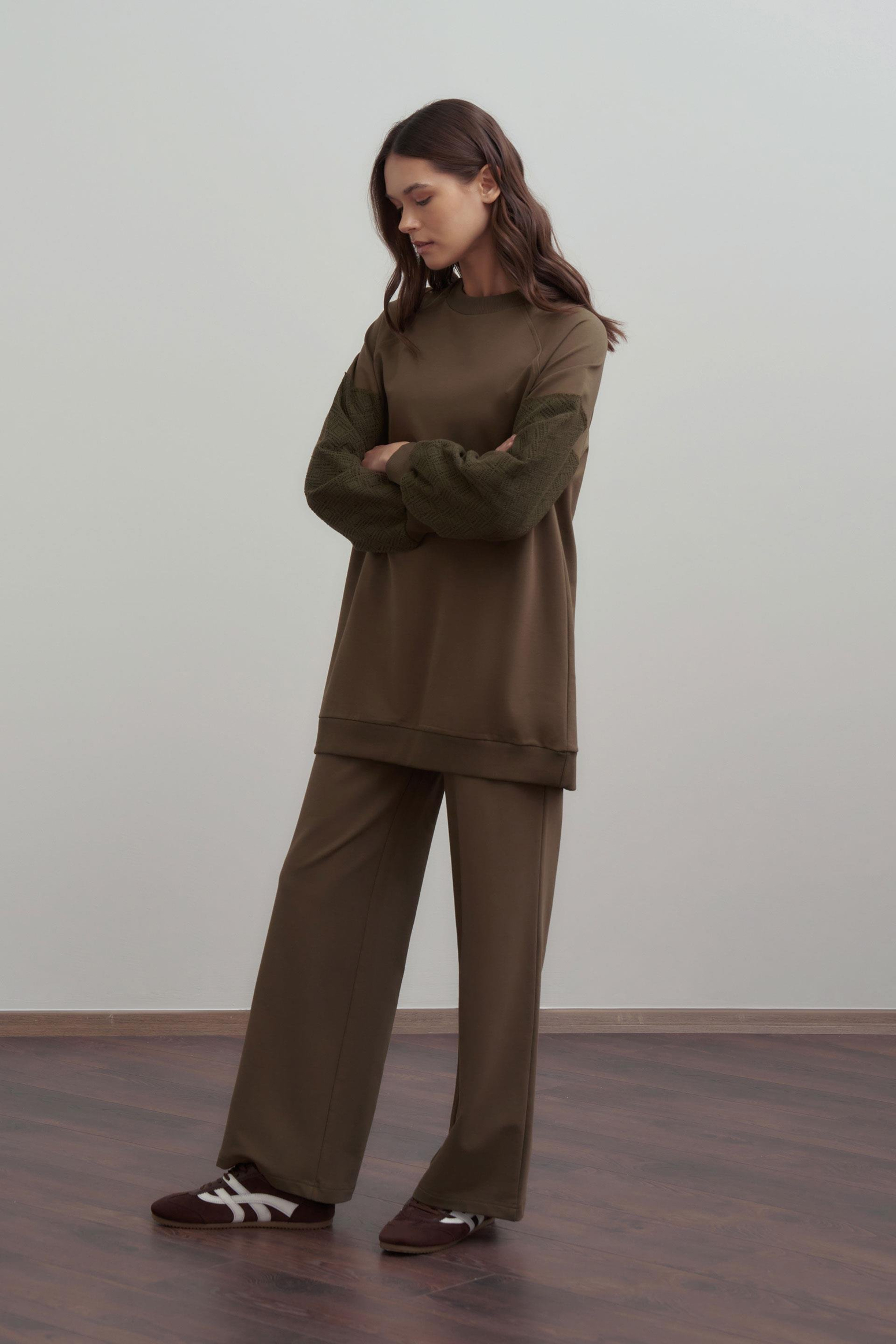 Haki-Pamuklu Dantel Garnili Eşofman Takımı