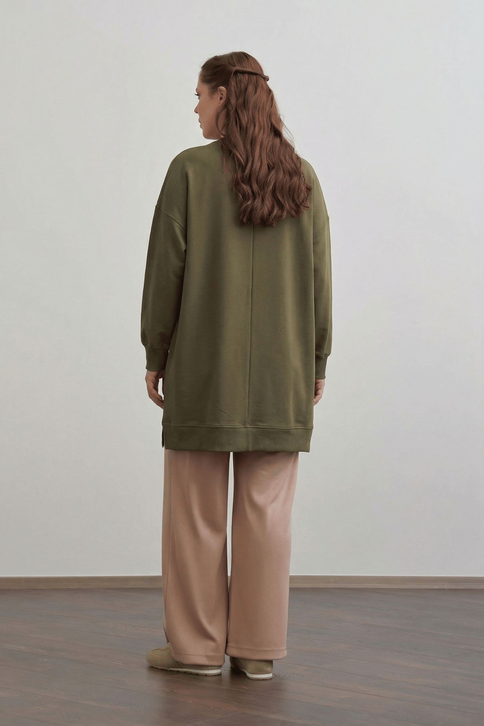 Haki-Pamuklu Kaşkorse Detaylı Büyük Beden Sweatshirt