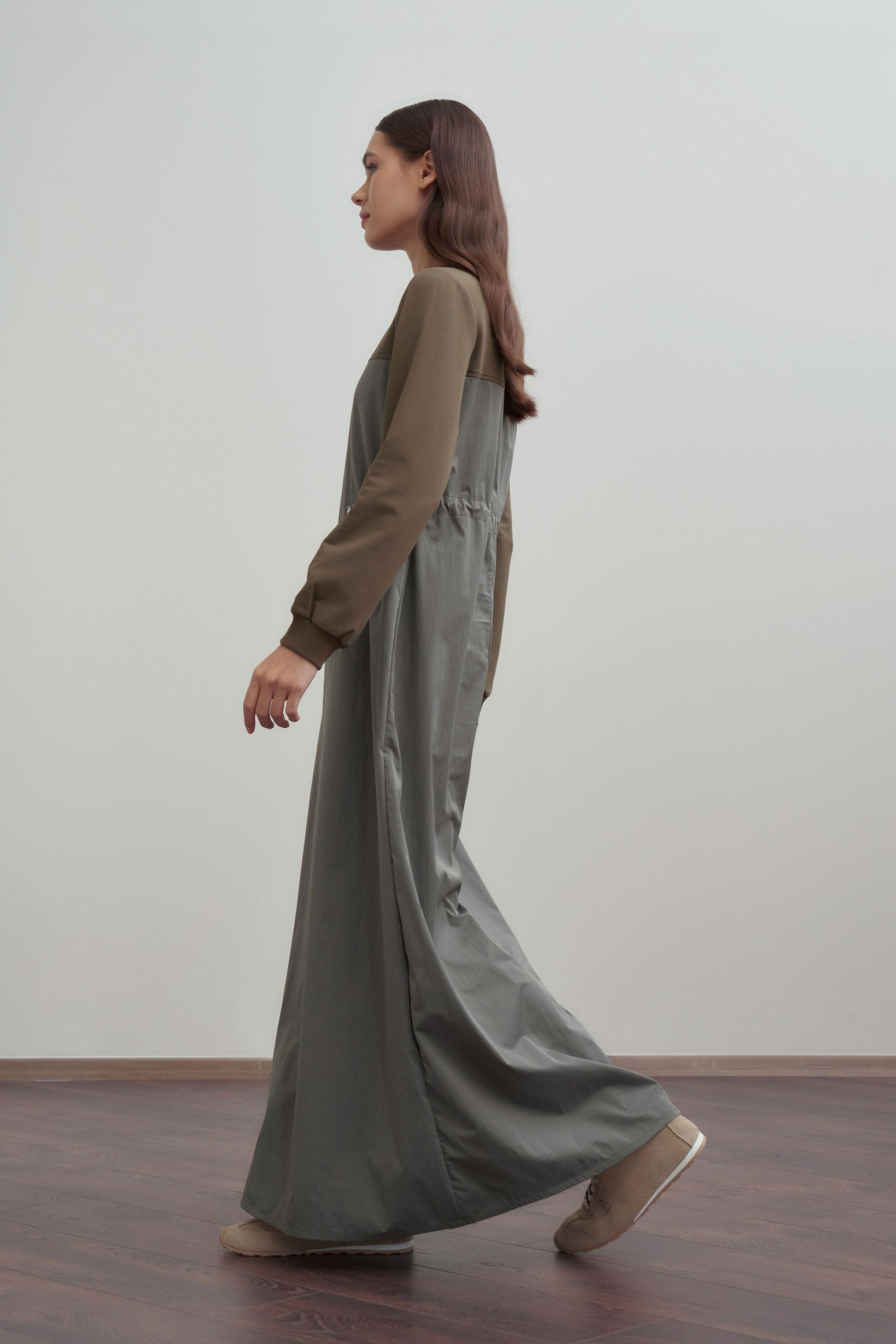 Haki-Pamuklu Lastikli Bel Ayarlı Elbise