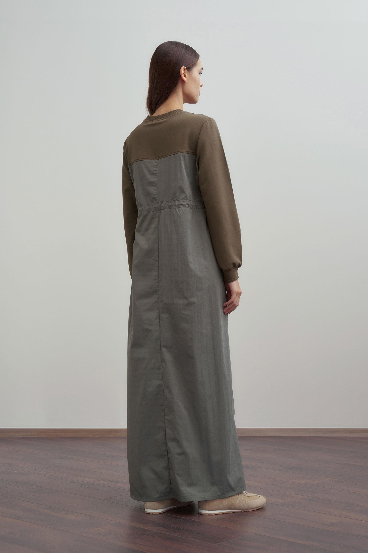 Haki-Pamuklu Lastikli Bel Ayarlı Elbise