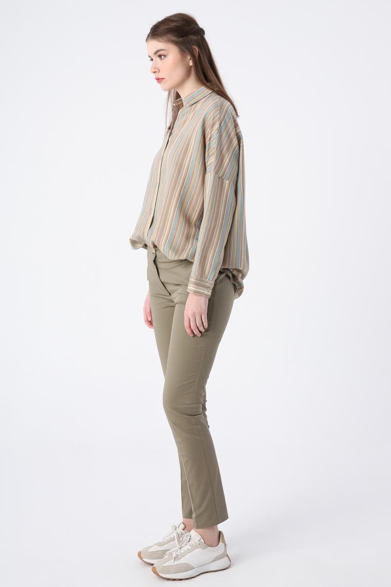 Haki-Pamuklu Ütü İzli Cepli Likralı Dar Paça Pantolon