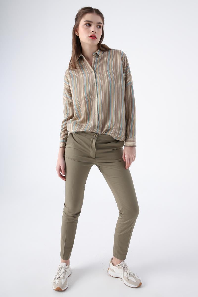 Haki-Pamuklu Ütü İzli Cepli Likralı Dar Paça Pantolon