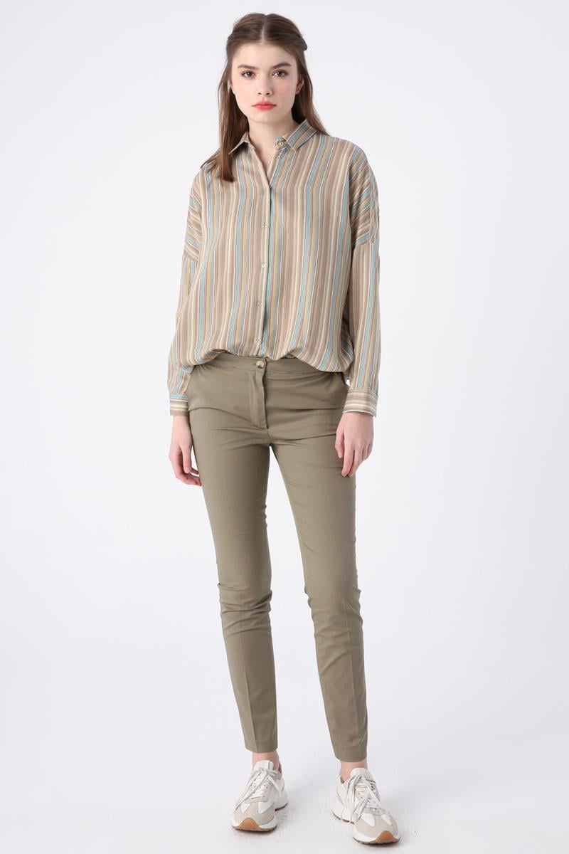 Haki-Pamuklu Ütü İzli Cepli Likralı Dar Paça Pantolon