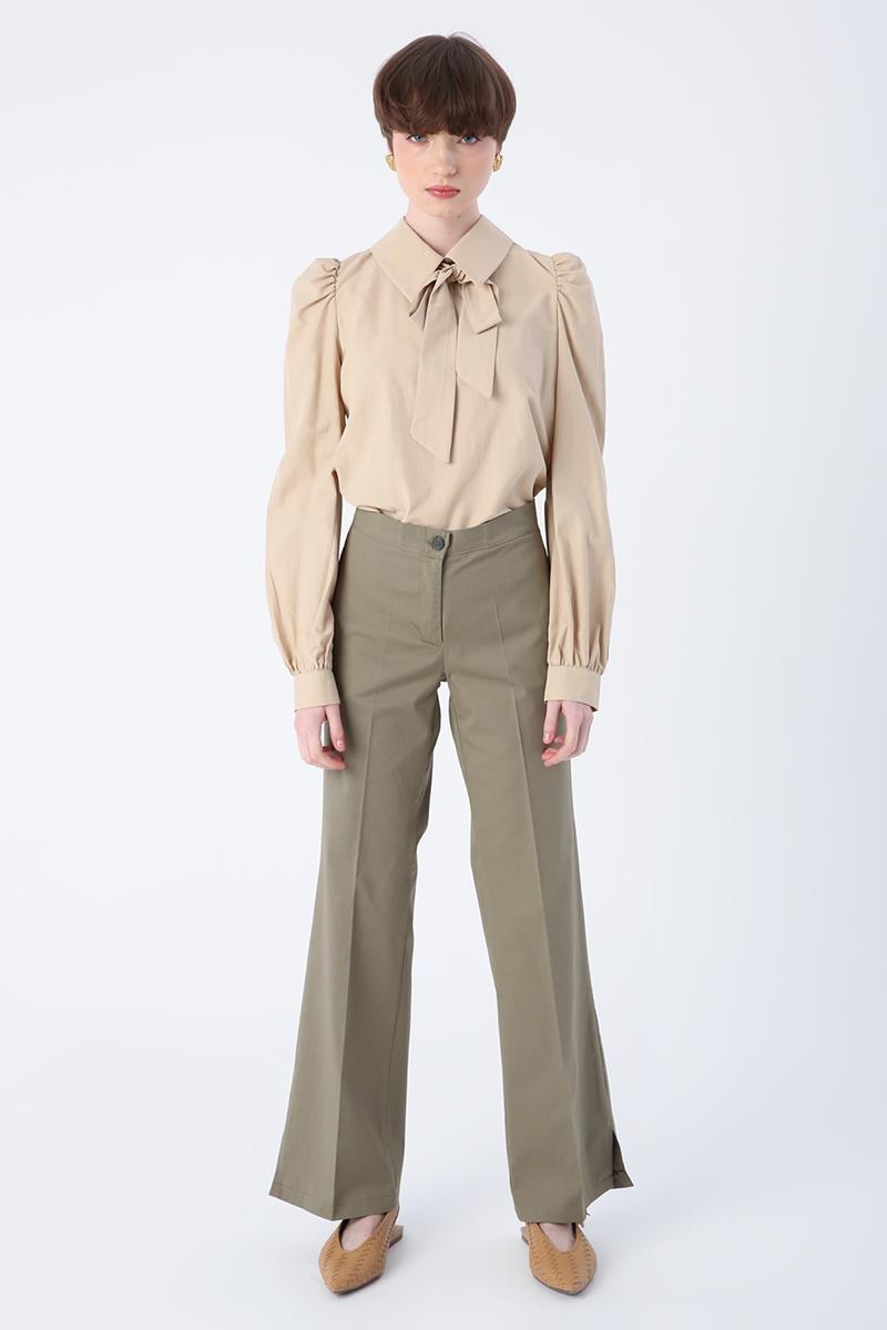 Khaki-Cotton Lycra Wide Leg Trousers with Slits on the Legs with Iron Traces