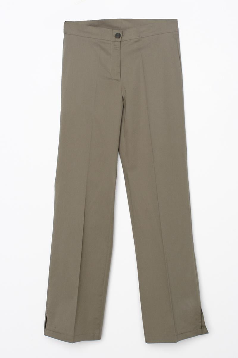 Khaki-Cotton Lycra Wide Leg Trousers with Slits on the Legs with Iron Traces
