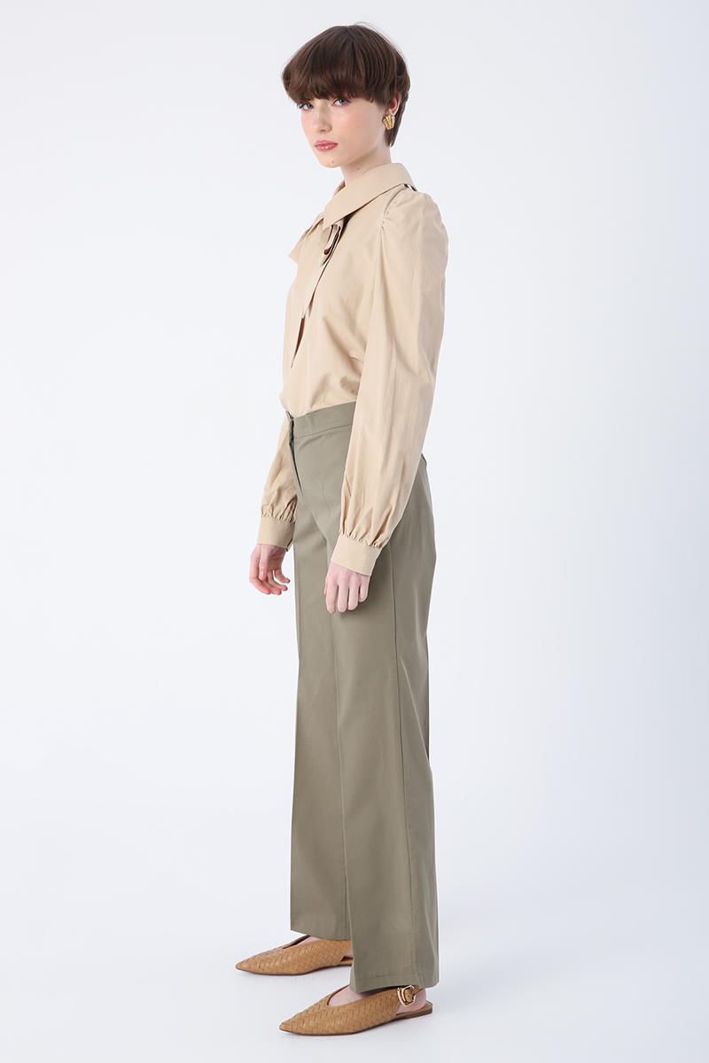 Khaki-Cotton Lycra Wide Leg Trousers with Slits on the Legs with Iron Traces