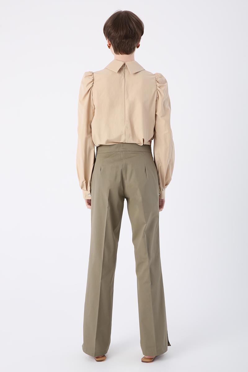 Khaki-Cotton Lycra Wide Leg Trousers with Slits on the Legs with Iron Traces