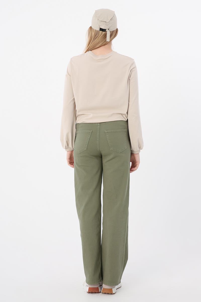 Haki-Pamuklu Wide Leg Likralı Pantolon