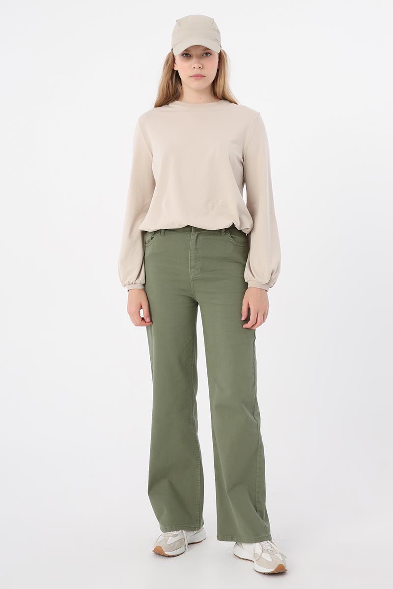 Haki-Pamuklu Wide Leg Likralı Pantolon