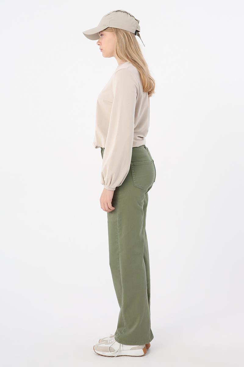 Haki-Pamuklu Wide Leg Likralı Pantolon
