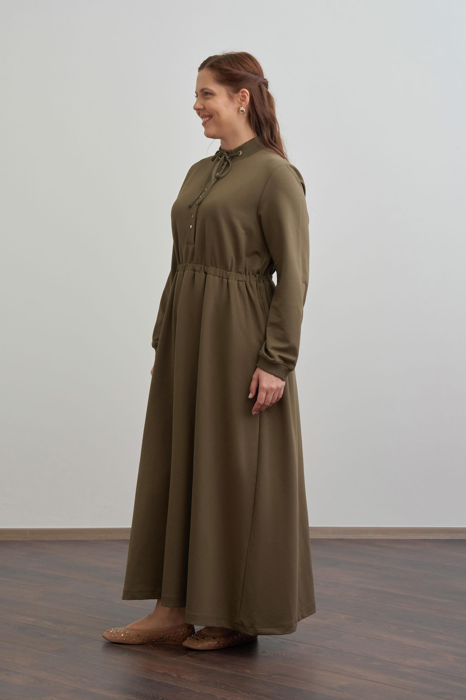 Haki-Pamuklu Yarım Patlı Elbise