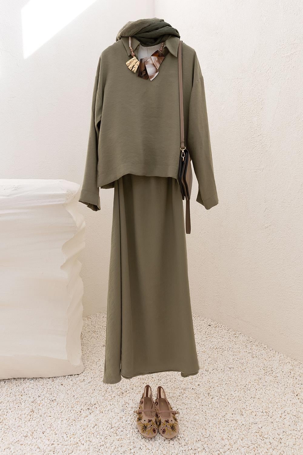 Olive-Shirt And Skirt Set