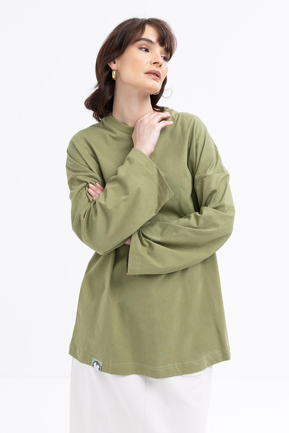 Khaki-Gestreiftes Sweatshirt mit Ärmelapplikationen