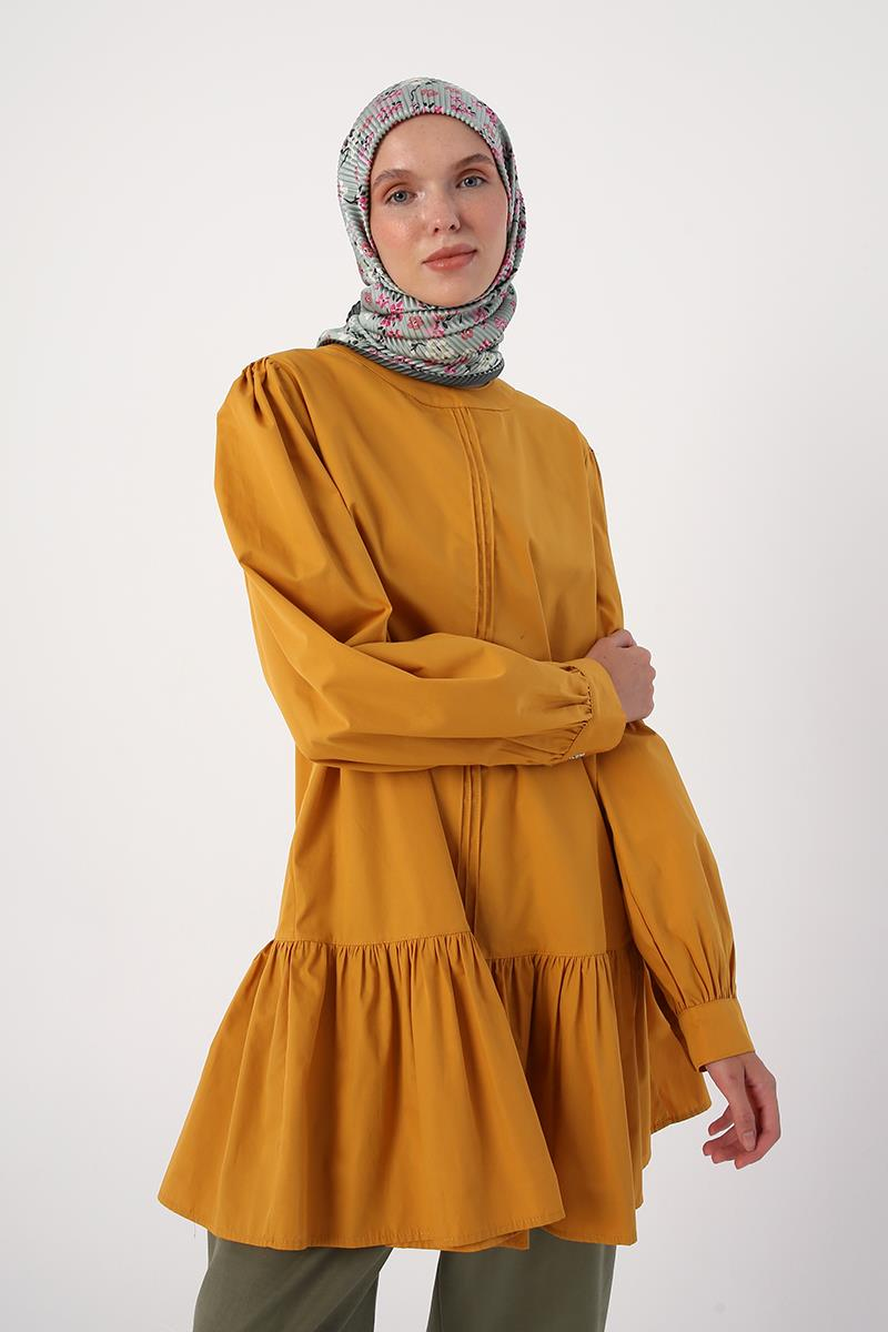 Mustard-Ribbed Collarless Cotton Tunic
