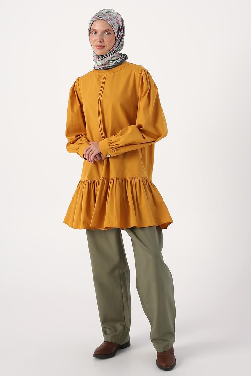 Mustard-Ribbed Collarless Cotton Tunic