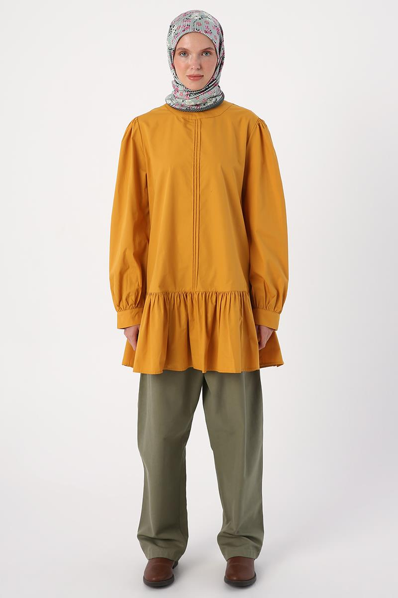 Mustard-Ribbed Collarless Cotton Tunic