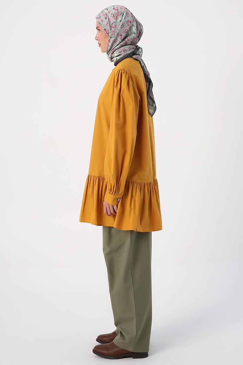 Mustard-Ribbed Collarless Cotton Tunic