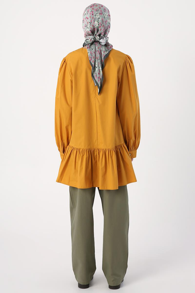 Mustard-Ribbed Collarless Cotton Tunic