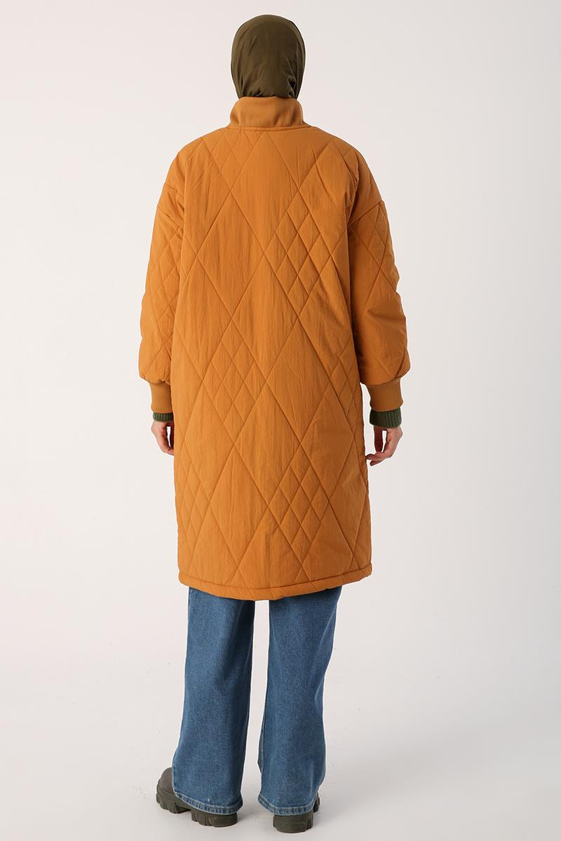 Hardal-Oversize Ribanalı Baklava Desenli Kapitone Mont